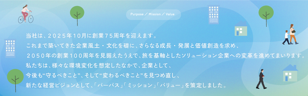 経営ビジョン。南海国際旅行では新たな経営ビジョンとして、パーパス、ミッション、バリューを策定しました。